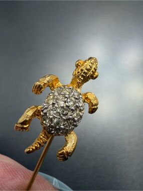 Vintage Turtle Pin with Rhinestone Shell